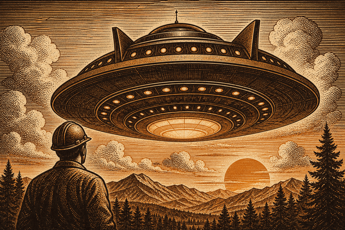 The Mothership: retro sci-fi woodcut illustration of a flying saucer hub for your business website