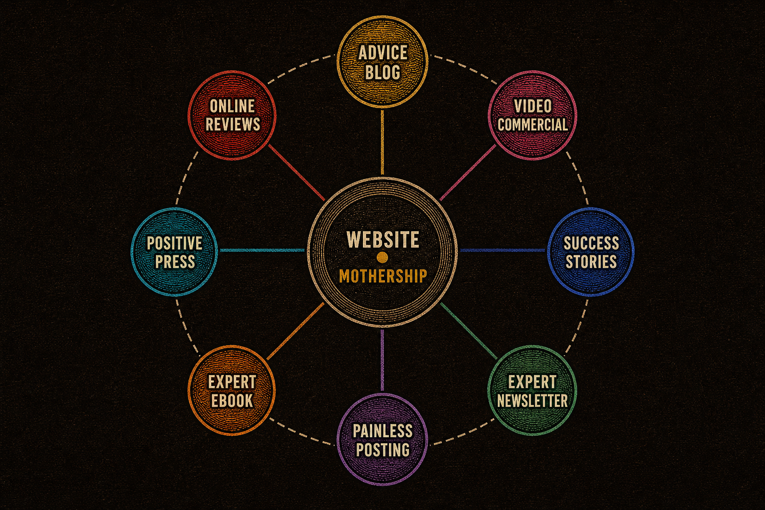 The Marketing Matrix hub diagram: Website Mothership with eight connected tactics